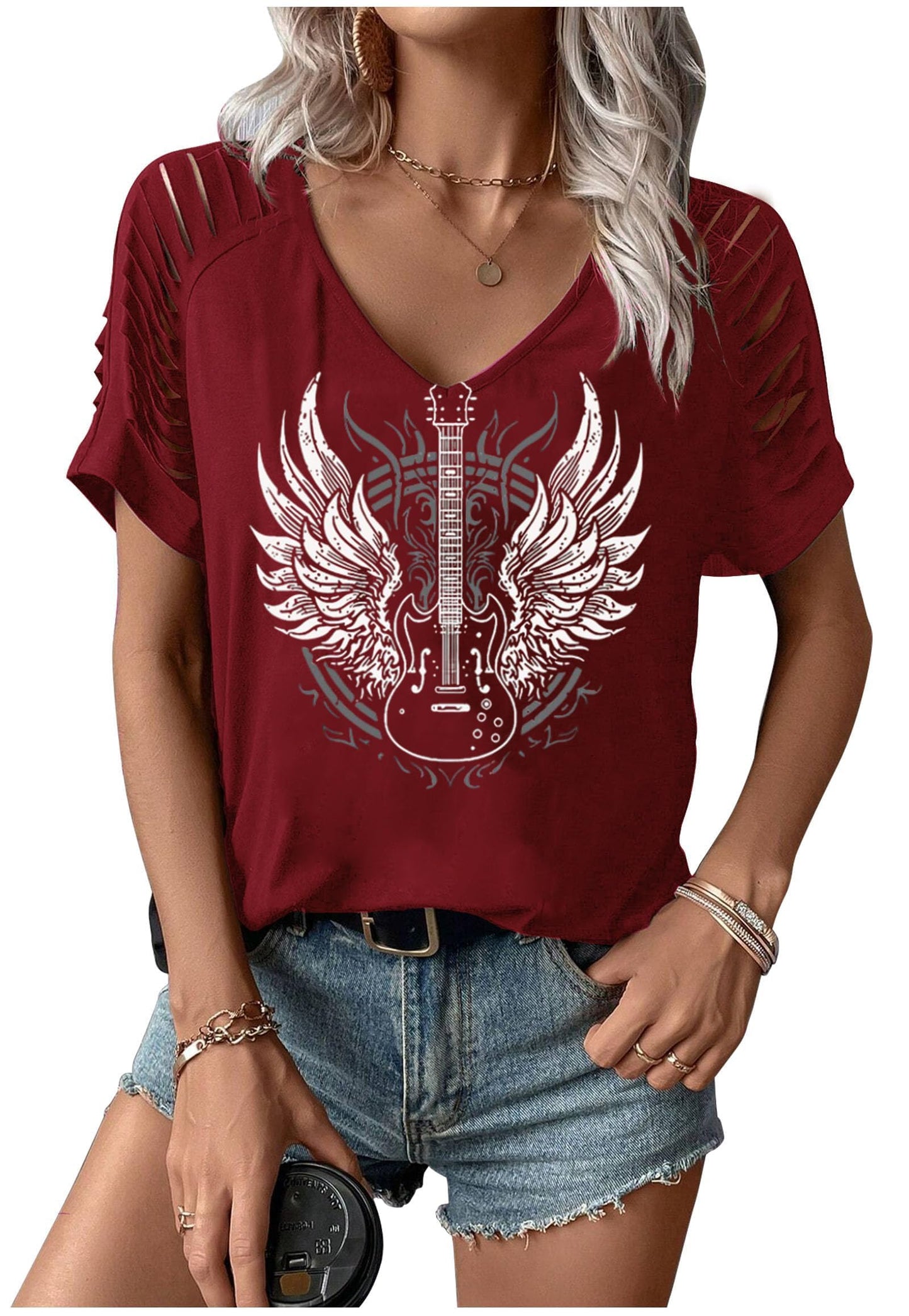DAXWUQO Women Vintage Rock Music T Shirts Sexy V Neck Tee Tops Summer Casual Loose Fit Short Sleeve Country Music Shirts(RedSmall)