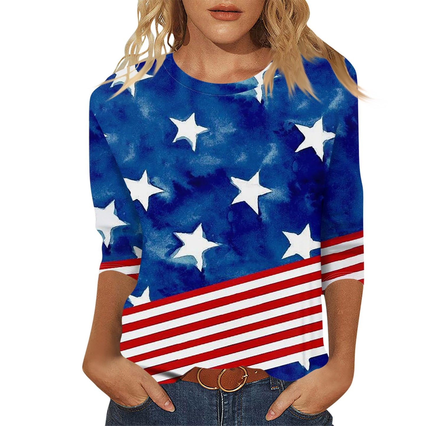 Independence DayY2k Clothes Placed Recently by Me Patriotic Shirts for Women 3/4 Length Sleeve Women Summer Tops 2024 Trendy 4 th of July Outfits Peime Red White and Blue American Flag(Al-BlueXXL)