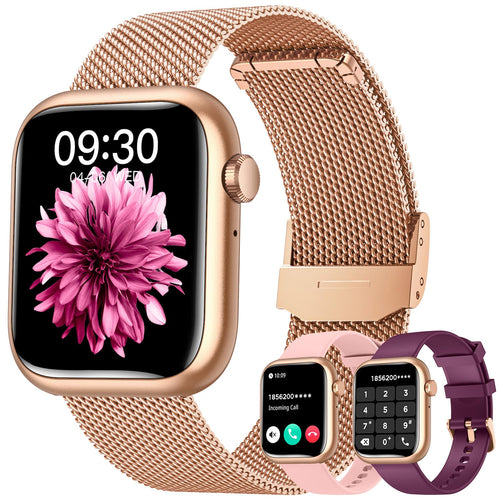 Smartwatch Uhr Armbanduhr Fitnessuhr Uhren: Goldene Smartwatch Damen Wasserdicht Blutdruck Sportuhr Telefonfunktion Herzfrequenz Schrittzähler 183" Touchscreen Metallarmband Damenuhr fuer Android iOS