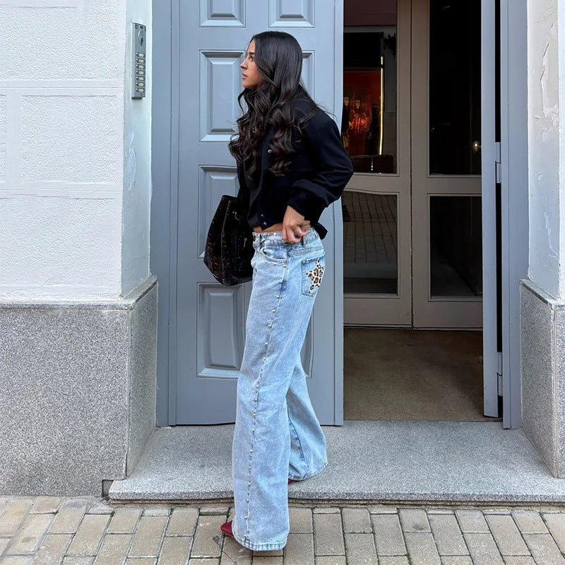Leopard Print Five-pointed Star Deconstructing Jeans For Women