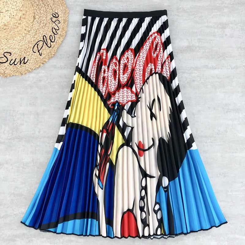 Rainbow Print Pleated Skirt for Women - A-Line Midi Skirt