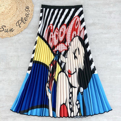 Rainbow Print Pleated Skirt for Women - A-Line Midi Skirt