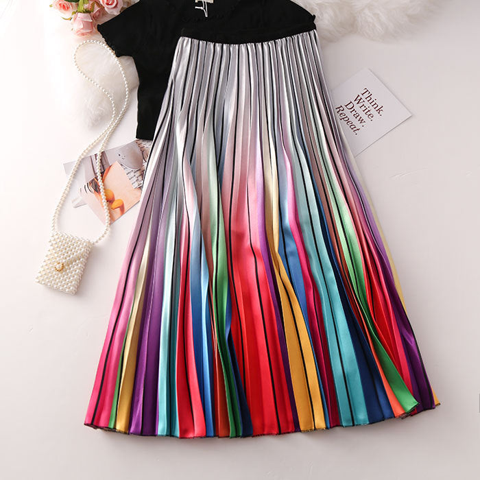 Rainbow Print Pleated Skirt for Women - A-Line Midi Skirt