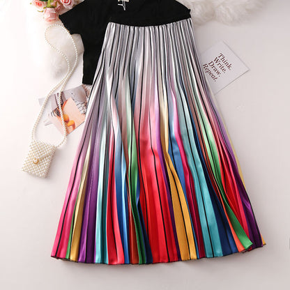 Rainbow Print Pleated Skirt for Women - A-Line Midi Skirt