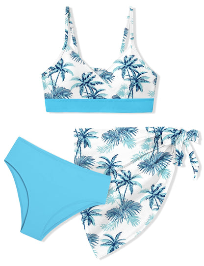 ADIFUN Bathing Suits for Girls 12-14 V Neck Adjustable Straps Teen Bathing Suits for Girls 12-14 Swimsuit for Girls 12-14 Blue Palm Bikini Size 13 Size 14