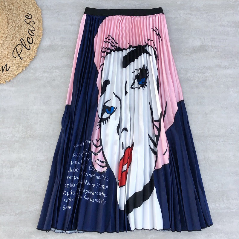 Rainbow Print Pleated Skirt for Women - A-Line Midi Skirt