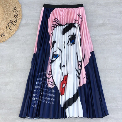 Rainbow Print Pleated Skirt for Women - A-Line Midi Skirt