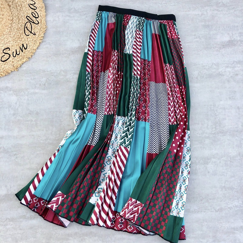 Rainbow Print Pleated Skirt for Women - A-Line Midi Skirt