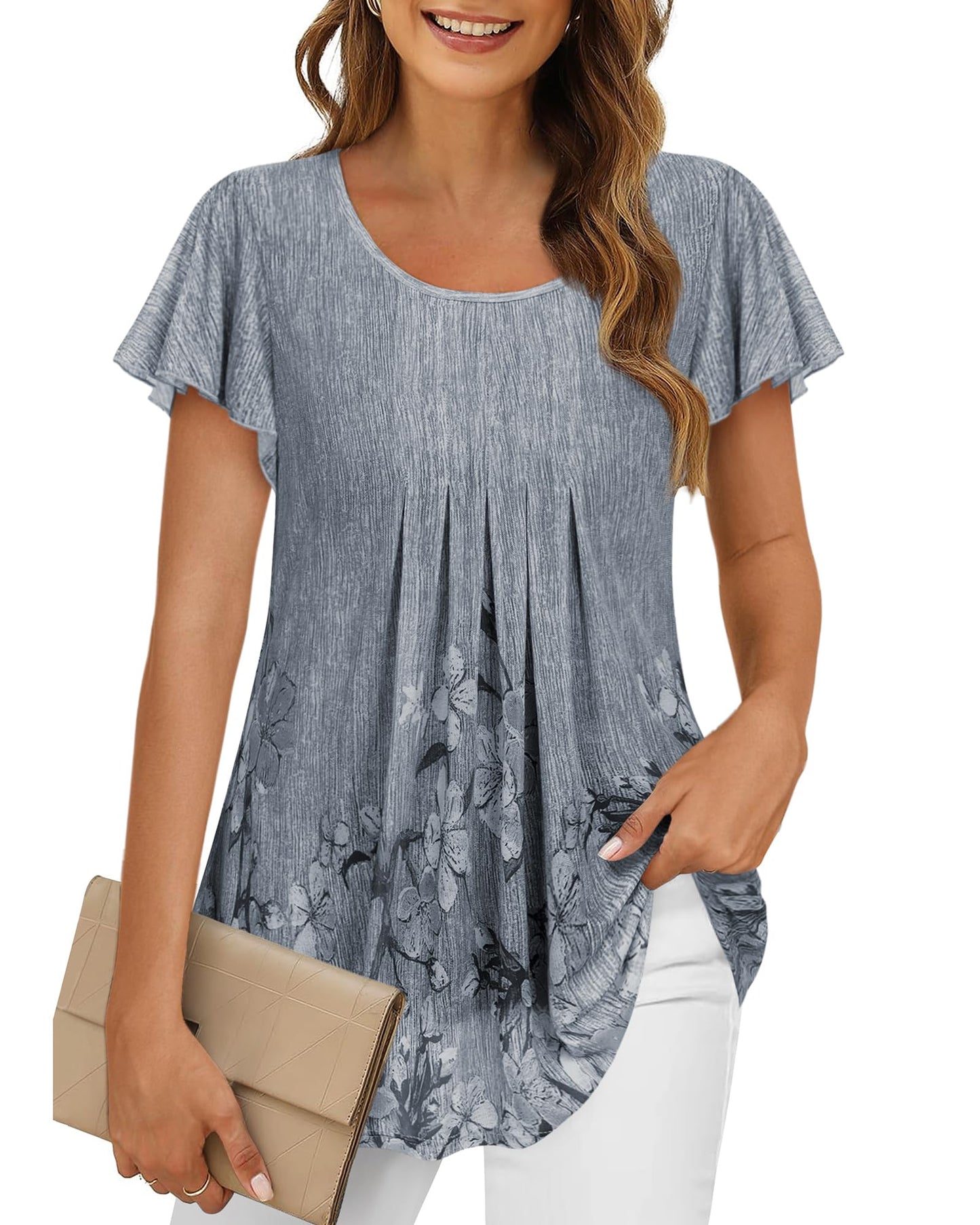 Timeson Short Sleeve Tunic Tops for WomenSpring Blouses for Women 2023 Work Clothes for Women Office Summer Dressy Shirts for Leggings Fashion 2023 Business Attire High Low Printed Tops Space Gray M