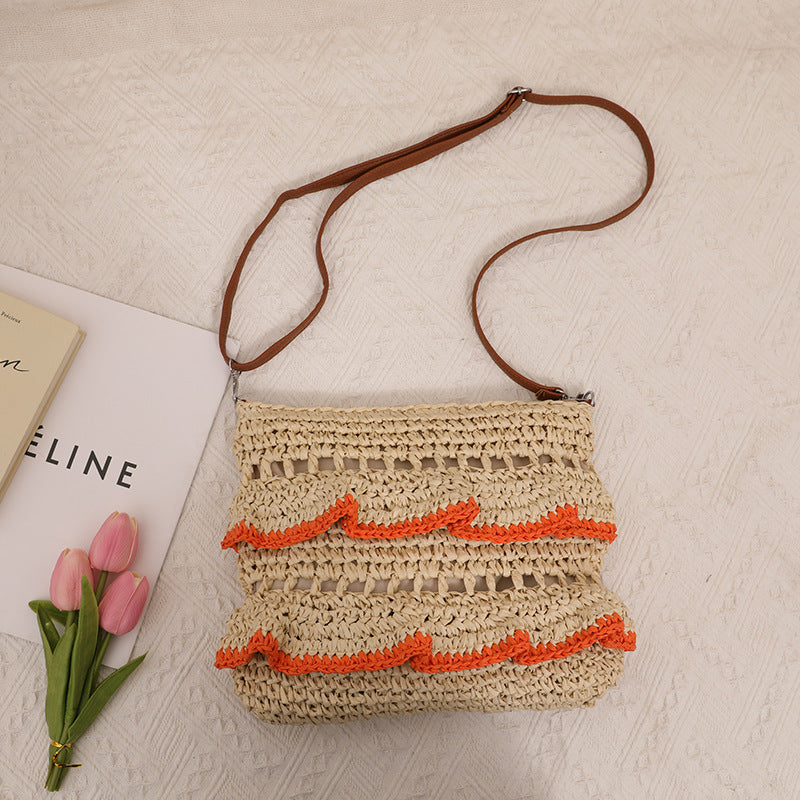 Colorful Ruffle Lace Straw Shoulder Bag for Summer