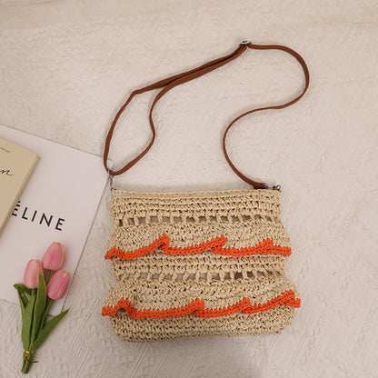 Colorful Ruffle Lace Straw Shoulder Bag for Summer