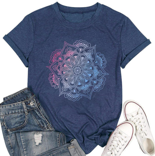 Nature Shirts for Women Retro Colourful Lotus Flower Graphic Print Boho Clothes Summer Classic Short Sleeve Round Neck Oversized Boho Tee Tops(Dark Blue XXL)