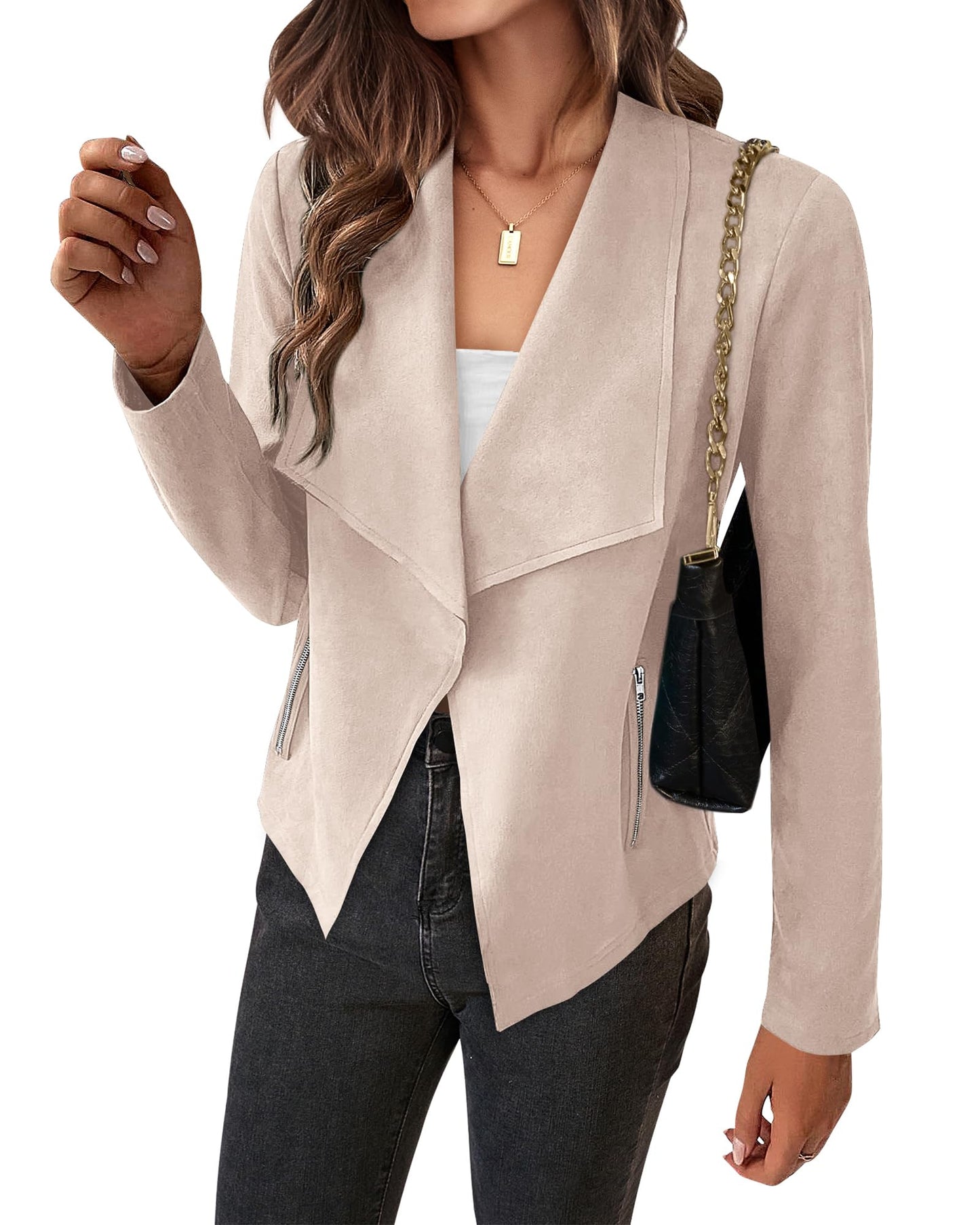 BTFBM Spring Clothes for Women 2024 Long Sleeve Casual Cropped Open Front Outerwear Trendy Faux Suede Summer Jacket Coat(Solid Beige Apricot Medium)