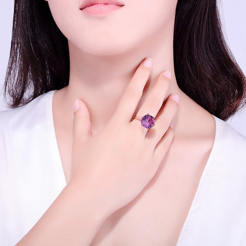 Fashionable Amethyst Turtle Face Ring with Six Claws