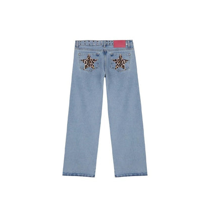 Leopard Print Five-pointed Star Deconstructing Jeans For Women