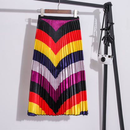 Rainbow Print Pleated Skirt for Women - A-Line Midi Skirt