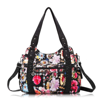 Angel Barcelo Roomy Fashion Hobo Womens Handbags Ladies Purse Satchel Shoulder Bags Tote Washed Leather Bag Black