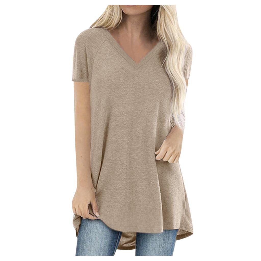 Long Shirts for Women to Wear with Leggings Plus Size Short Sleeve V Neck Tunic Tops Dressy Casual Cute Tee Blouses Loose Fit Workout Pullover T-Shirt Hide Belly Summer Clothes 2024 Khaki