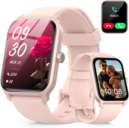 Quican Smartwatch Damen mit Telefonfunktion-Fitness Uhr Damen mit 100 Sportmodi Schlafmonitor Herzfrequenz SpO2 schrittzähler Armbanduhr IP68 Wasserdicht sportuhr Watch für Android iOS(Rosa)
