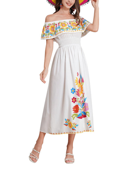 IMEKIS Mexican Dress for Women: Traditional Fiesta Outfit Cinco De Mayo Costume Floral Summer Halloween Day of The Dead Dresses Mexico Clothes Long Maxi Party Casual Sundress White Sunflower Small