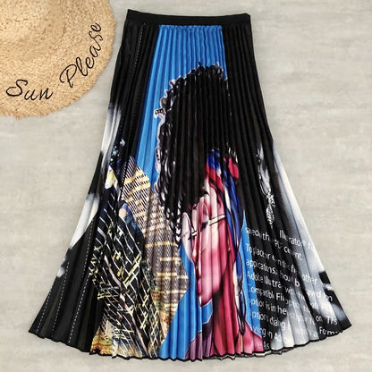 Rainbow Print Pleated Skirt for Women - A-Line Midi Skirt