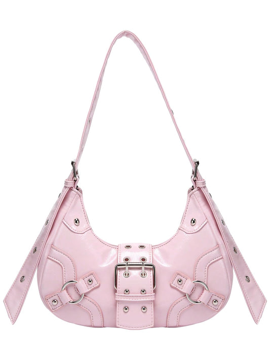 Verdusa Womens Studded PU Leather Clutch Shoulder Tote Handbag Adjustable Strap Boho Bags Pink One-Size