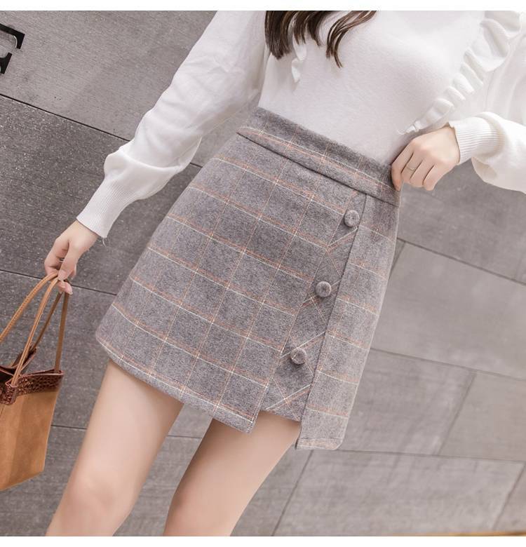 Irregular Woolen Plaid Skirt for Women