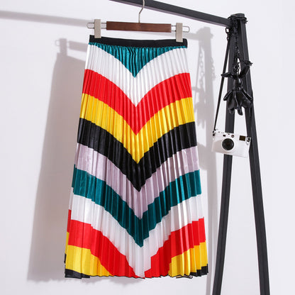 Rainbow Print Pleated Skirt for Women - A-Line Midi Skirt