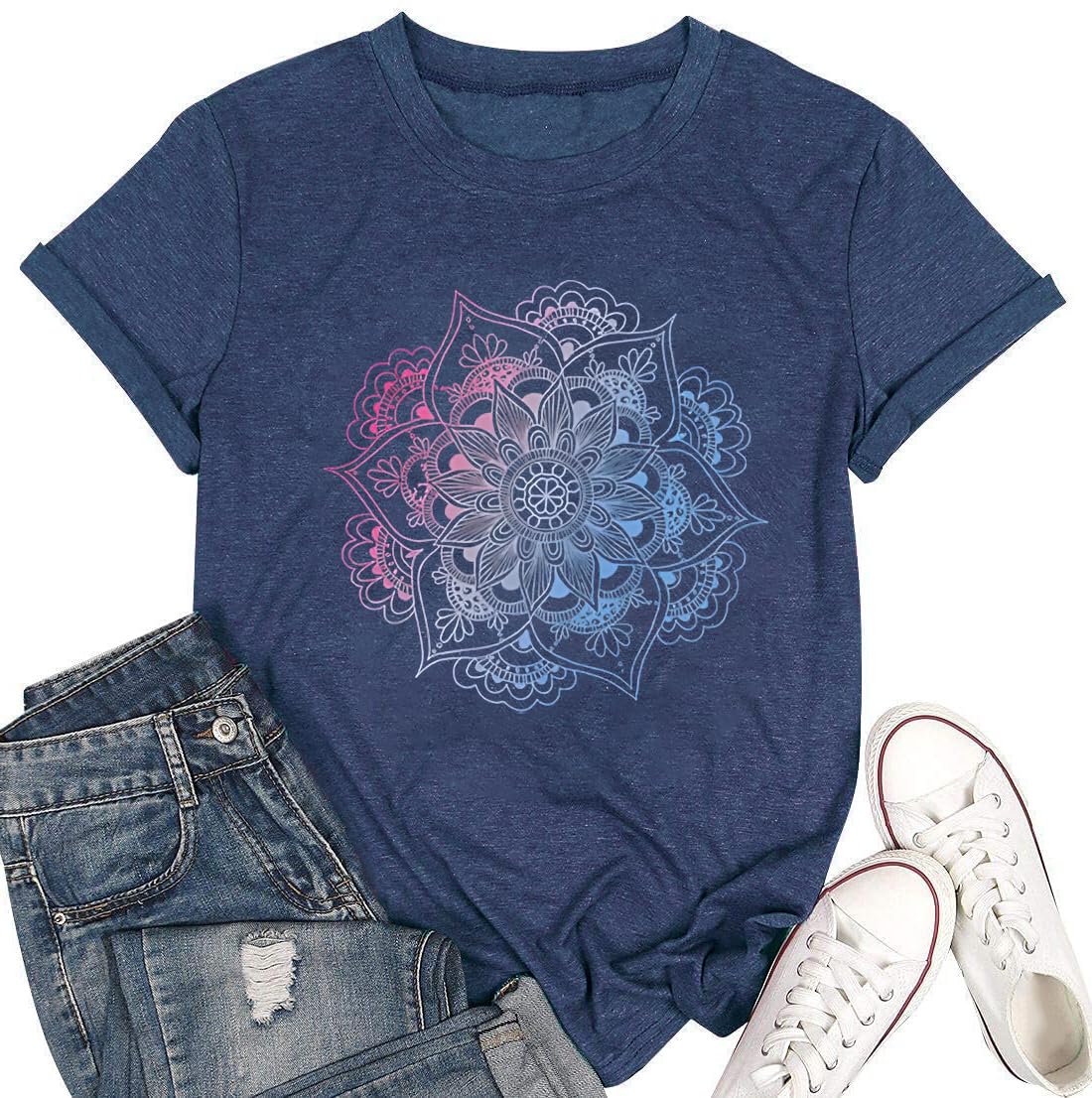 Nature Shirts for Women Retro Colourful Lotus Flower Graphic Print Boho Clothes Summer Classic Short Sleeve Round Neck Oversized Boho Tee Tops(Dark Blue XXL)