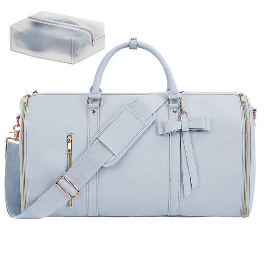 Garment Bags for Travel Convertible Suit Travel Bag for Women Stylish Carry On Garment Bag with Toiletry Pocket Shoulder Strap and Shoes Compartment 2 in 1 Foldable PU Leather Duffle Bag Blue