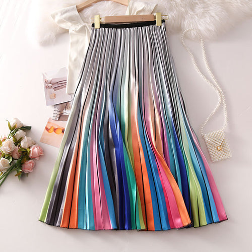 Rainbow Print Pleated Skirt for Women - A-Line Midi Skirt