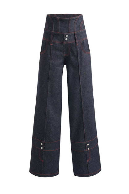 JENDUE Harvey High-Waisted Wide Leg Denim Jeans - Dark Wash