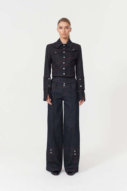 JENDUE Harvey High-Waisted Wide Leg Denim Jeans - Dark Wash