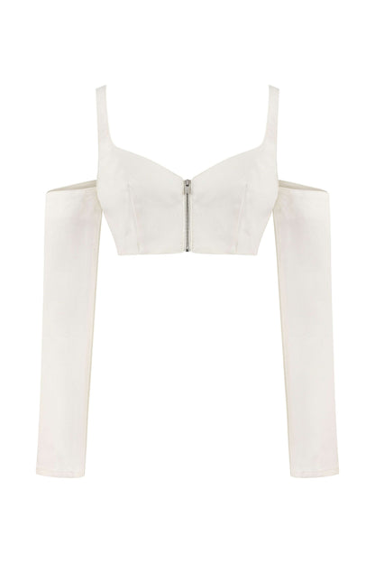 JENDUE Ron Long Sleeve Denim Top - White Off-Shoulder