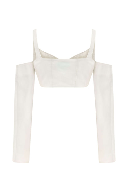 JENDUE Ron Long Sleeve Denim Top - White Off-Shoulder