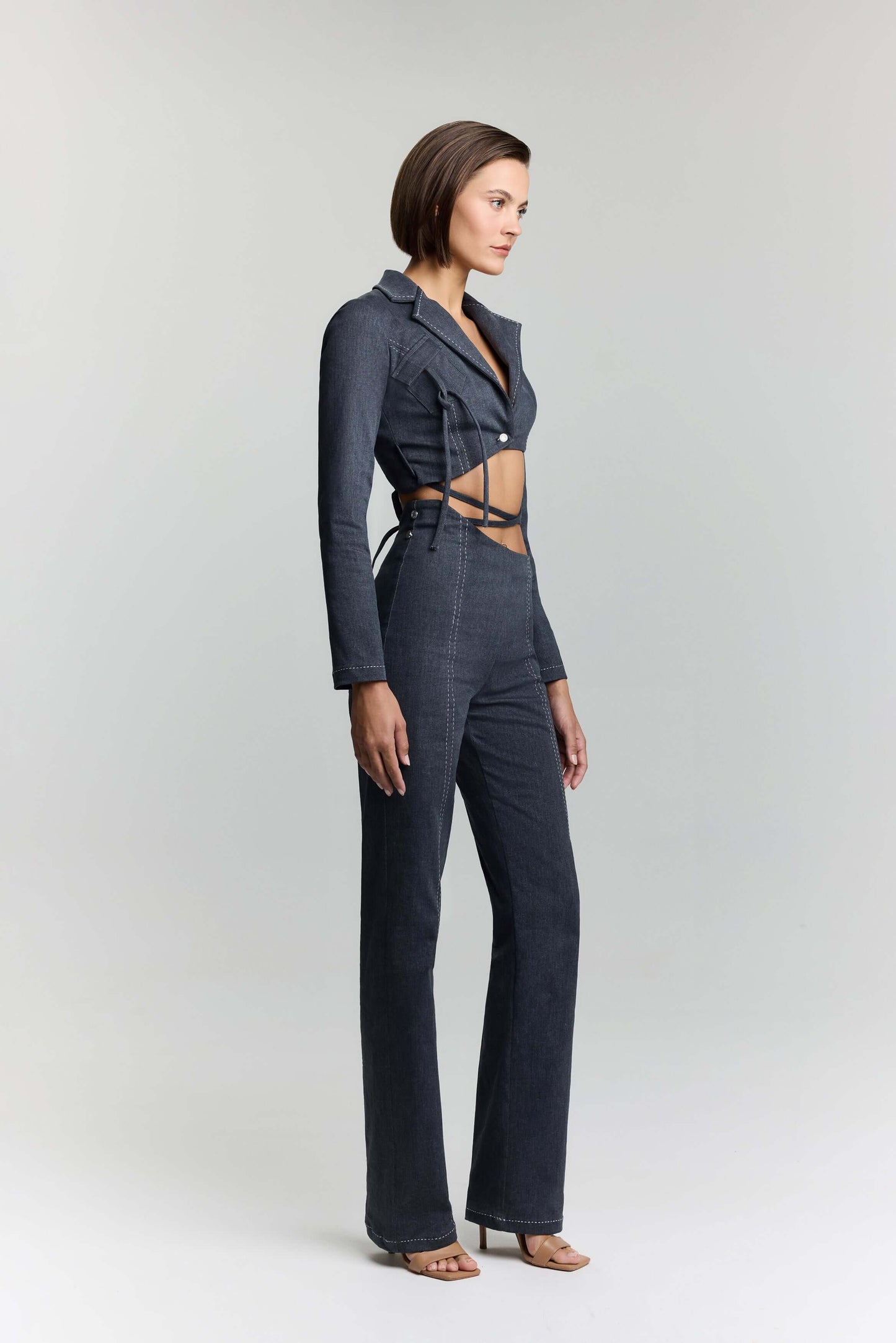 JENDUE Serendipity Denim Jacket - Cropped Lace-Up Style
