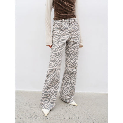 "Wilful Zebra" custom zebra print yeast stone washed low waist flared jeans for women
