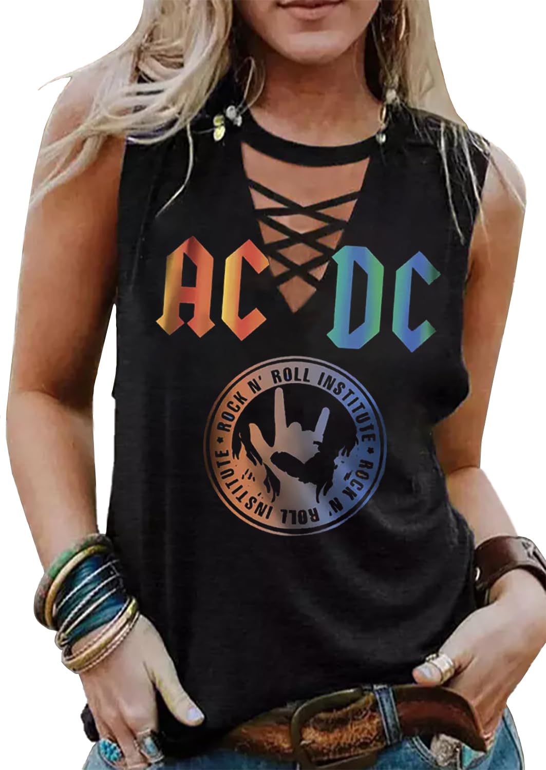 Rock N Roll Institute Tank Top for Women Retro Country Music Shirt Rock Concert Band Tees Cool Graphic Sleeveless Top (S Black1)