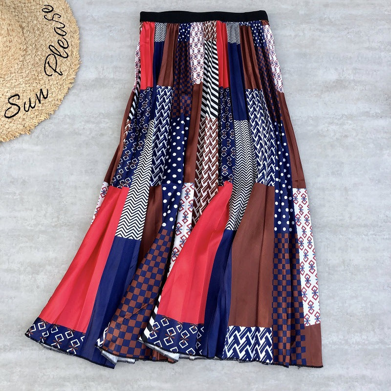 Rainbow Print Pleated Skirt for Women - A-Line Midi Skirt