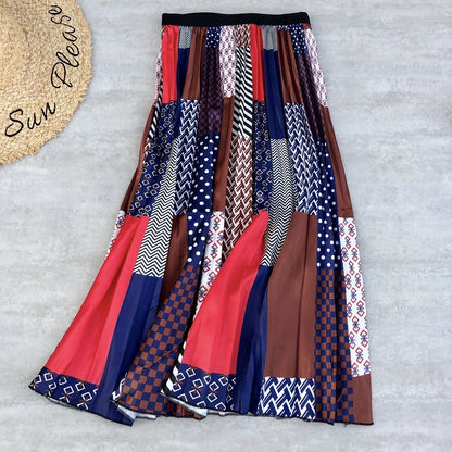 Rainbow Print Pleated Skirt for Women - A-Line Midi Skirt
