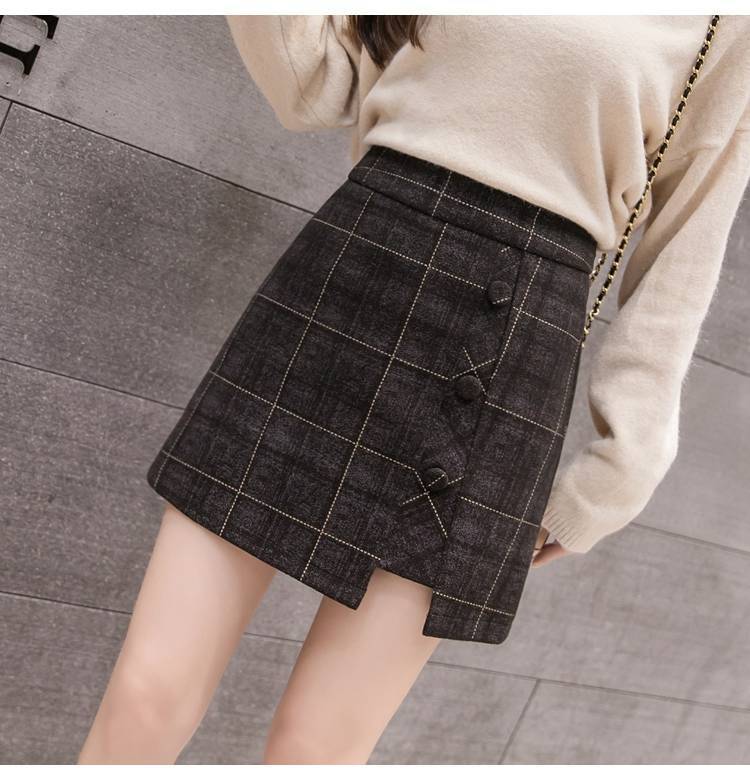 Irregular Woolen Plaid Skirt for Women