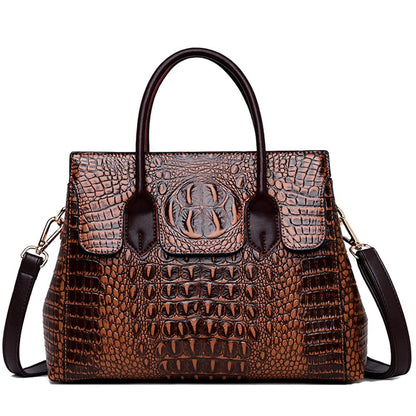 Women Satchel Handbags Top-Handle Bags fuax Leather Embossed Crocodile pattern shoulder bag Brown Large