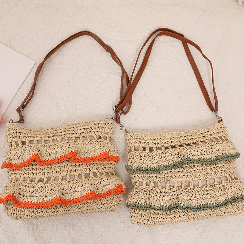 Colorful Ruffle Lace Straw Shoulder Bag for Summer