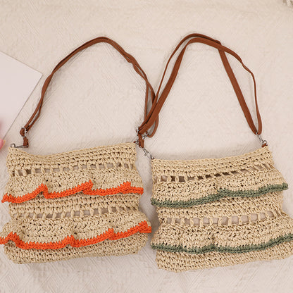 Colorful Ruffle Lace Straw Shoulder Bag for Summer