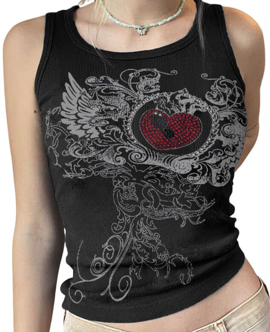 Lafaguw Y2K Crop Tops for Women Heart RhinestoneTank Top Graphic Tees Grunge Coquett Summer Mcbling Clothes(Black4-L)