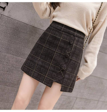 Irregular Woolen Plaid Skirt for Women