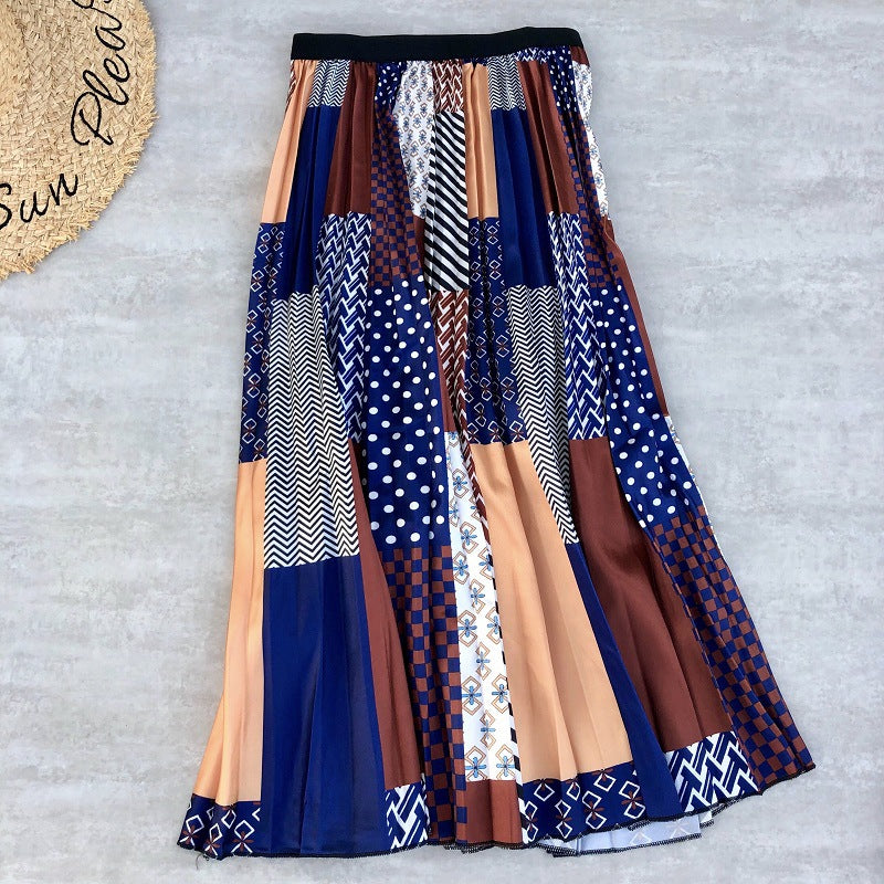 Rainbow Print Pleated Skirt for Women - A-Line Midi Skirt