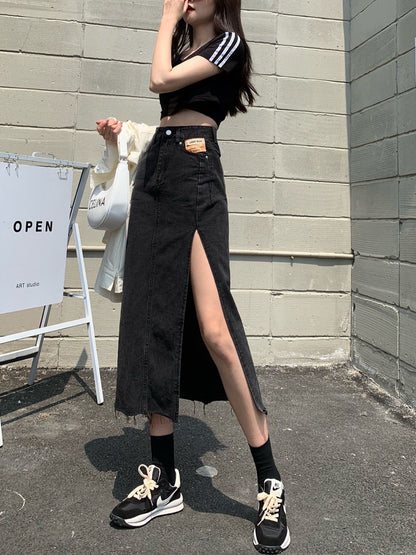 High Waist Side Slit Denim Skirt for Women