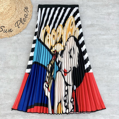 Rainbow Print Pleated Skirt for Women - A-Line Midi Skirt