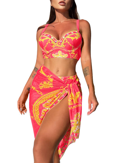 Narecte Womens 3 Piece Swimsuits BohoFeel Print Bikini Set with Cover Up Skirt Sexy Swimsuit Bathing Suits for Women Hot Pink S